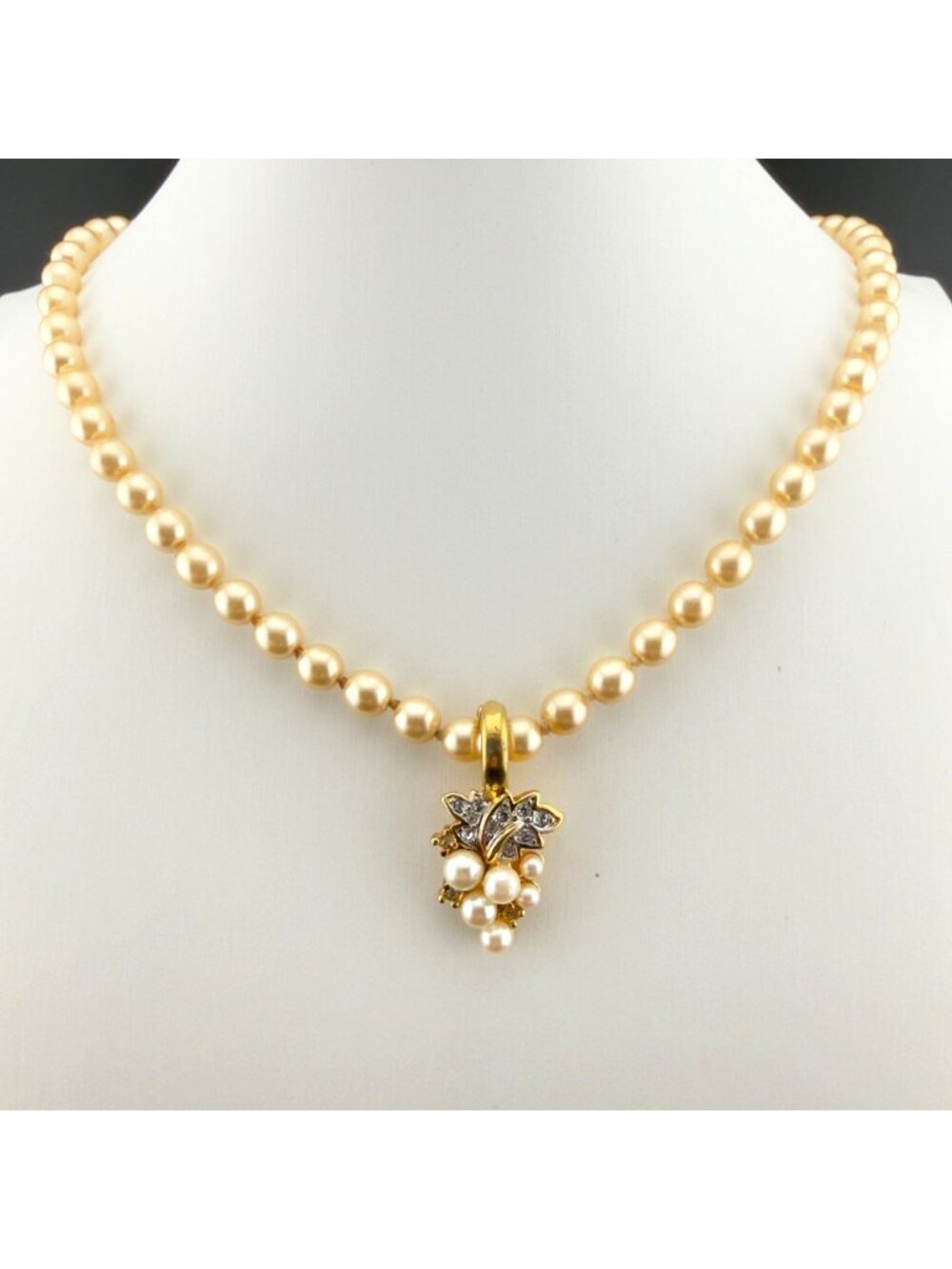 Vintage Faux Pearl Necklace Grape Leaf Rhinestone Pendant 25" Length